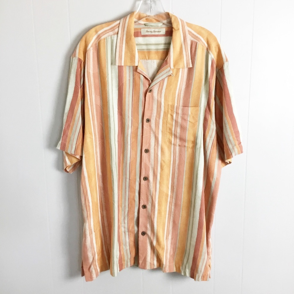Tommy Bahama Stripped 100% Silk Shirt Top Size Large Mens
